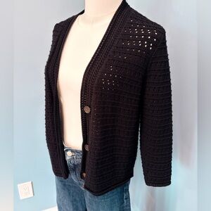 LOFT Black Open Knit Cardigan Button Front Lightweight Size Large